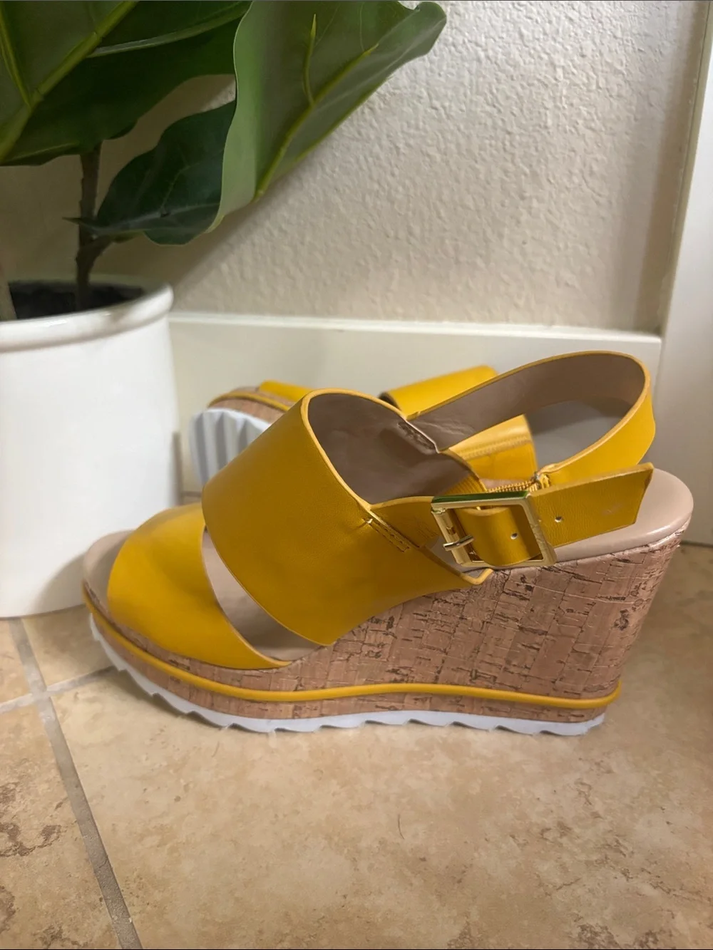 Marc New York Mustard Yellow Wide-Strap Wedge Sandals